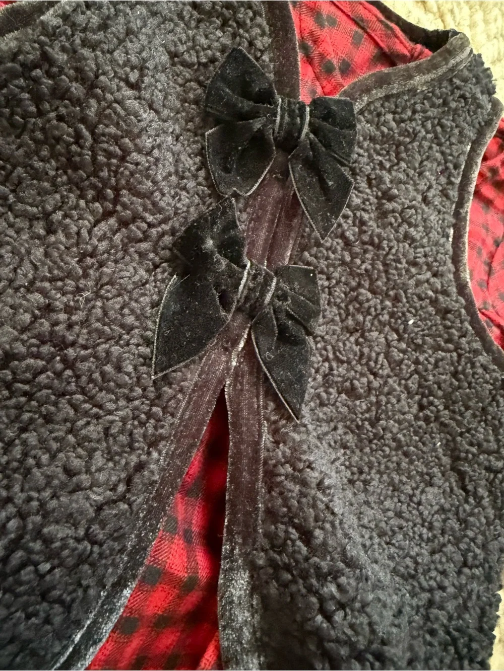 Carter's Red and Black Plaid Dress with Black Sherpa Vest & bloomers 6 month
